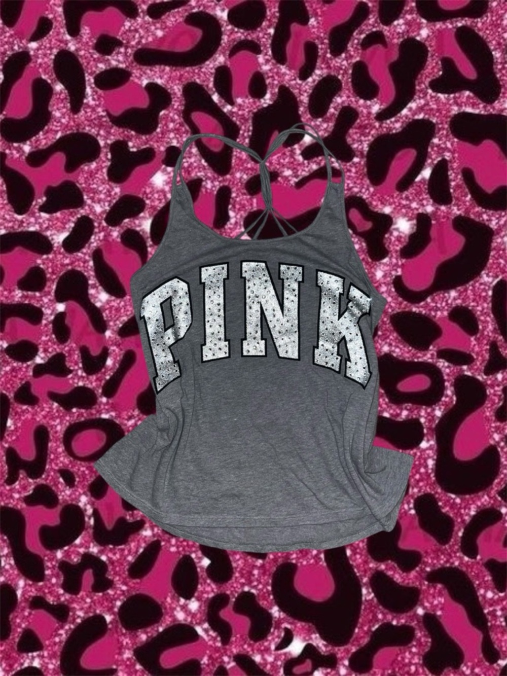 PINK Gray Racerback Tank Top with White Logo